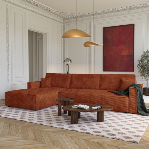 Premium Interiors - Linkshoekbank met slaapfunctie en opbergruimte  - corduroy terracotta 297cm