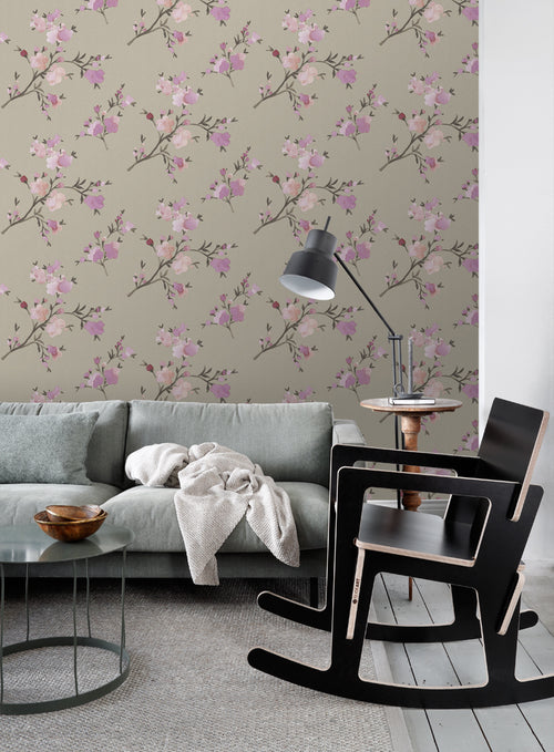 ESTAhome eco-texture vliesbehang kersenbloesems taupe en lila paars - 0,53 x 10,05 m - 148717 - vtwonen shop