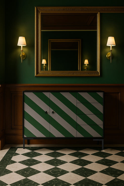 Laag dressoir van MDF met diagonaal streeppatroon in groen- en grijstinten