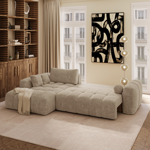 Premium Interiors - Linkshoekbank met slaapfunctie en opbergruimte SKY - kruisbinding  mol 310cm