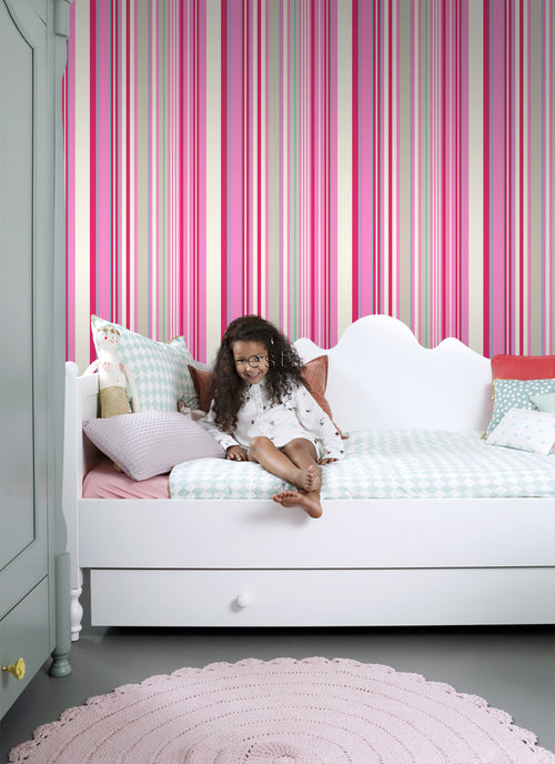 ESTAhome behang strepen roze en turquoise - 53 cm x 10.05 m - 116531