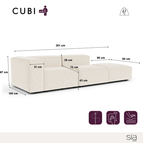 Sia Home - Modulaire bank CUBI - Chenille fluweel - Crème - 301cm