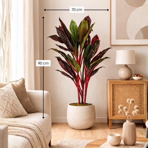 Mica Decorations Cordyline – Kunstplant in Pot – Realistische Nepplant Woondecoratie – Kunstplanten voor Binnen en Buiten – H90 x Ø70 cm – Rood