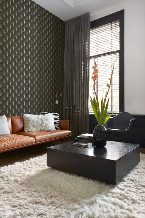 ESTAhome behang art deco motief zwart en goud - 53 cm x 10.05 m - 139457