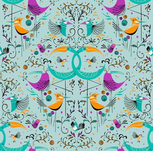 Walls4You behang vogels turquoise, oranje en paars - 53 cm x 10 m - 640128