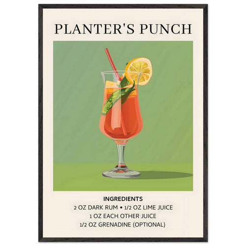 Artfulprints Poster met Lijst Planter's Punch cocktail - Ingrediënten   - 70x100 cm - Groen