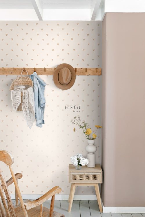 ESTAhome behang hartjes glanzend goud en beige - 53 cm x 10.05 m - 138865