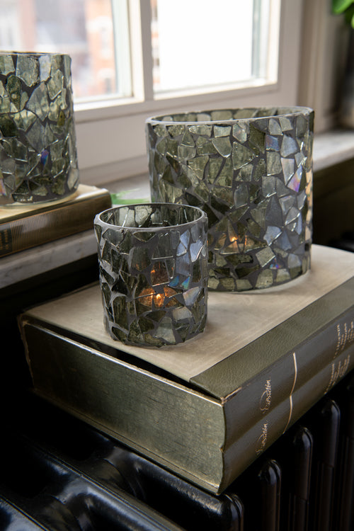 J-Line kaarshouder Mozaiek - glas - grijs/groen - small - 2 stuks