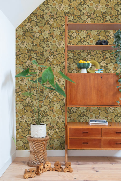 ESTAhome behang retro bloemen olijfgroen - 50 x 900 cm - 130967 - vtwonen shop