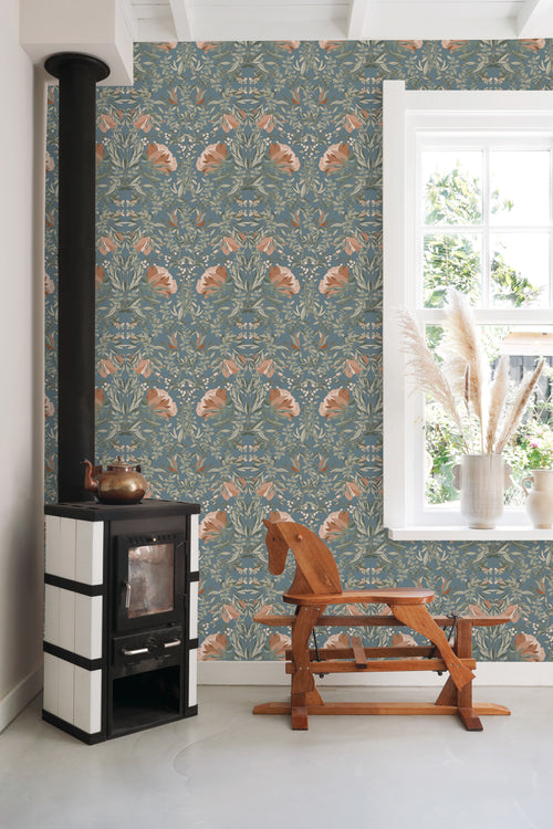 ESTAhome behang vintage bloemen in art nouveau stijl vergrijsd blauw - 0.53 x 10.05 m - 139643 - vtwonen shop