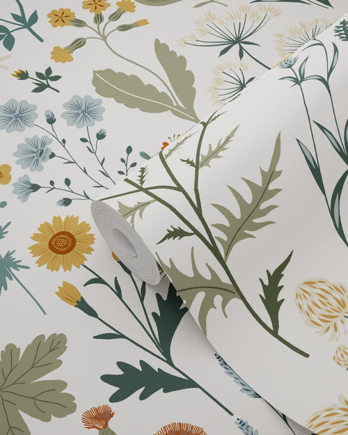 ESTAhome behang veldbloemen okergeel, vergrijsd groen en vintage blauw - 53 cm x 10.05 m - 139391
