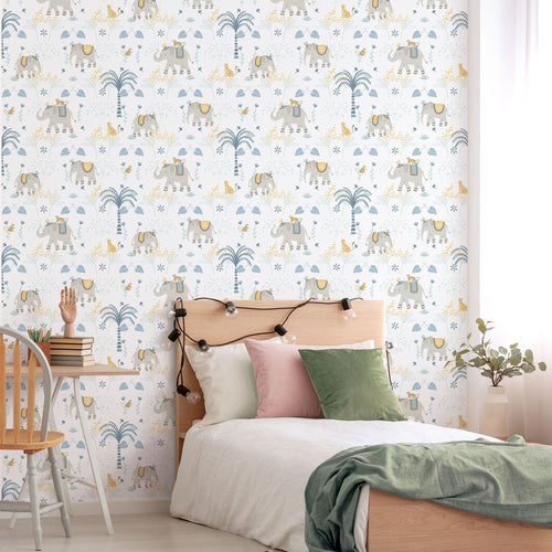 Sanders & Sanders behang olifanten blauw, grijs en wit - 53 cm x 10.05 m - 640627