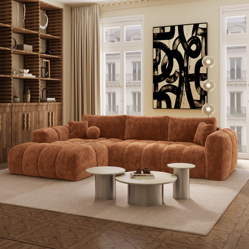 Premium Interiors - Linkshoekbank met slaapfunctie en opbergruimte SKY - gewaafd fluweel terracotta 310cm
