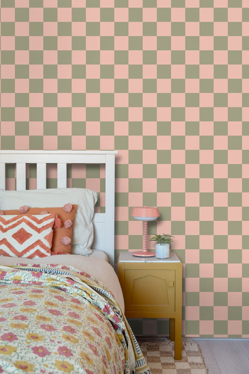 ESTAhome behang geblokt motief groen en roze - 50 x 900 cm - 131999