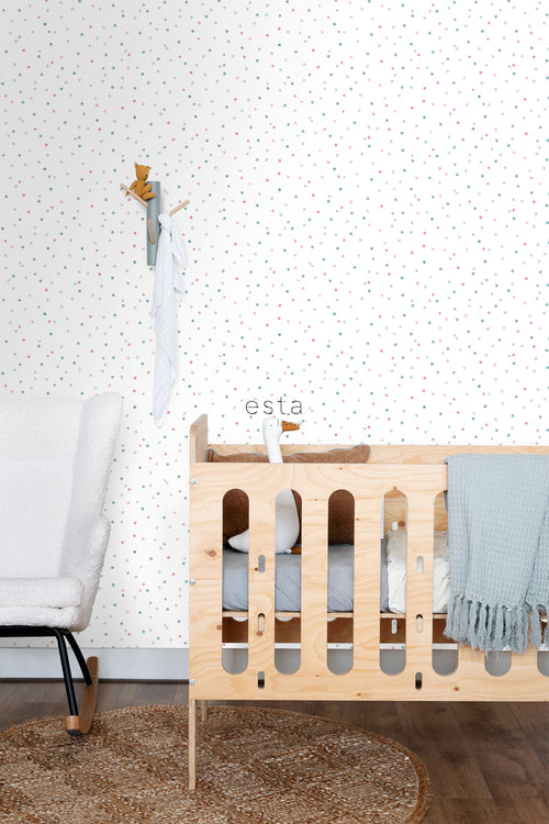 ESTAhome behang stippen roze, mintgroen en vergrijsd blauw - 53 cm x 10.05 m - 139049