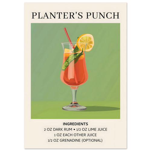 Artfulprints Poster met Lijst Planter's Punch cocktail - Ingrediënten   - 70x100 cm - Groen