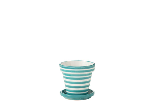 J-Line bloempot Granada Stripes Handmade + Painted - keramiek - aqua - small  - Ø 21 cm - vtwonen shop