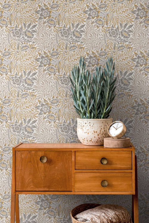 Livingwalls behang bloemmotief wit, beige, grijs en geel - 53 cm x 10.05 m - AS-390583