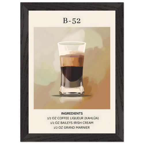 Artfulprints Poster met Lijst B-52 cocktail - Ingrediënten   - A4 21x29.7 cm - Bruin