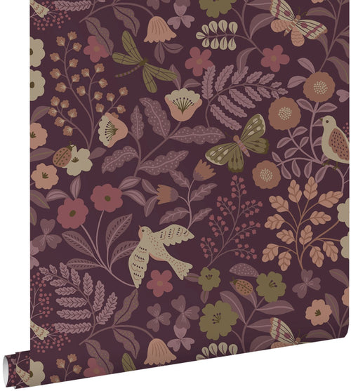 ESTAhome behang bloemen en vogels aubergine paars - 0.53 x 10.05 m - 131639