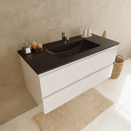 LOMAZOO badmeubelset Verona - met kolomkast & zwarte wastafel - glanzend wit - 100 cm