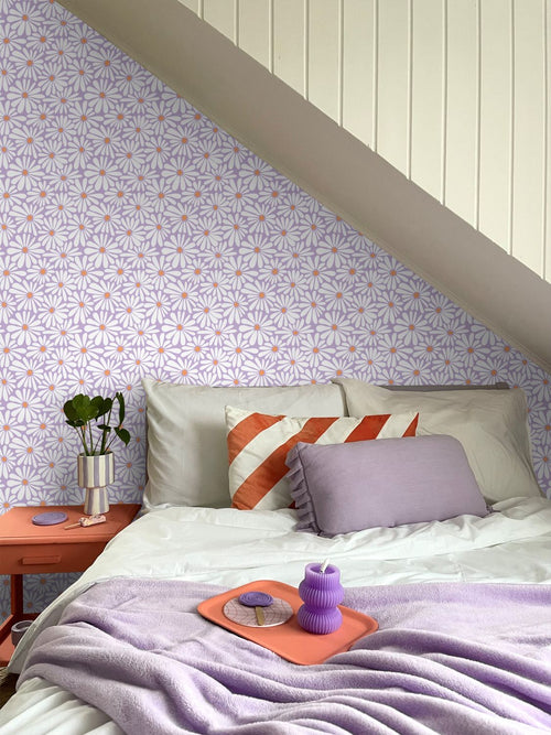 ESTAhome behang madeliefjes lila paars en oranje - 53 cm x 10.05 m - 131153