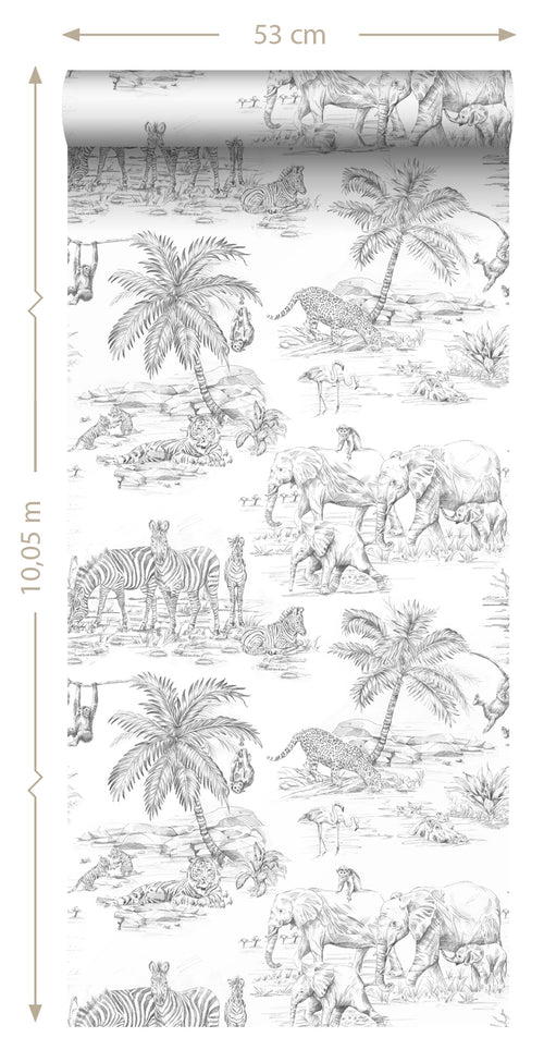 ESTAhome behang jungle dieren zwart wit - 53 cm x 10.05 m - 139299