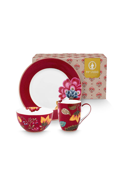 Pip Studio - Blooming Tales Fantasy Dark Red - Ontbijtset - Serviesset 3-delig