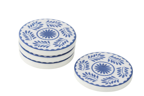 J-Line onderzetter Bloemen - hout - blauw/wit - set van 4