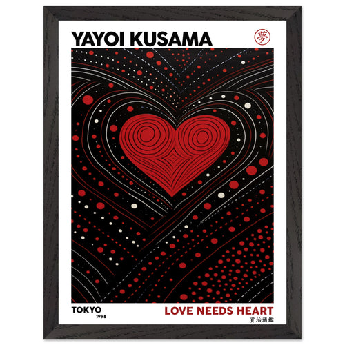 Artfulprints Poster met Lijst Yayoi Kusama - Love needs heart   - 30x40 cm - Zwart