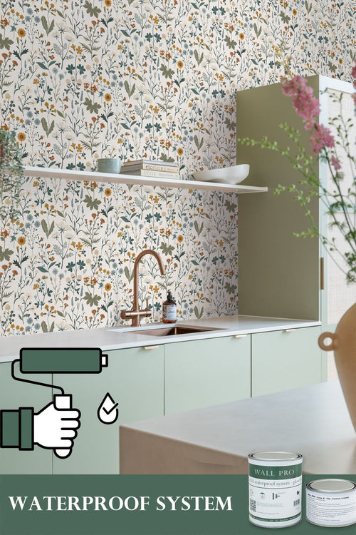 ESTAhome behang veldbloemen okergeel, vergrijsd groen en vintage blauw - 53 cm x 10.05 m - 139391