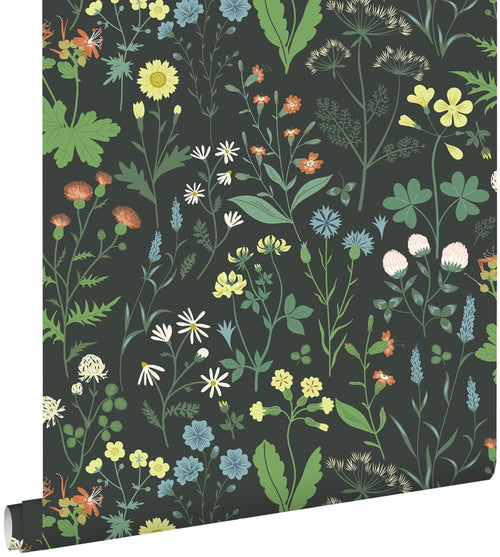 ESTAhome behang veldbloemen multicolor op zwart - 53 cm x 10.05 m - 139392