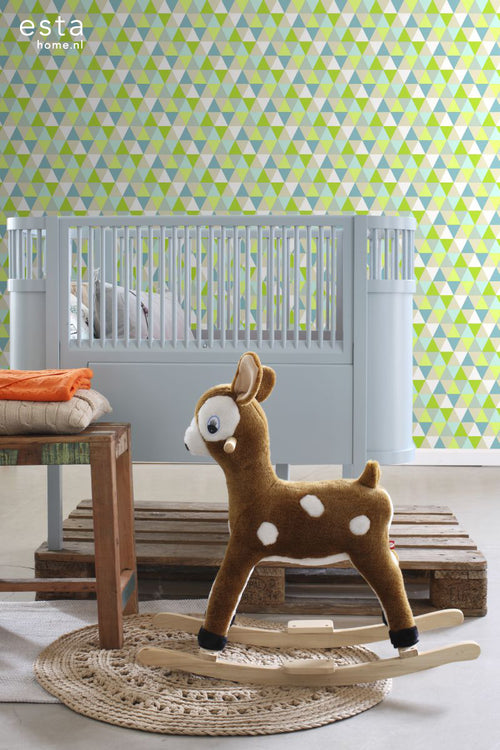 ESTAhome behang driehoekjes limegroen, turquoise en beige - 53 cm x 10.05 m - 138713