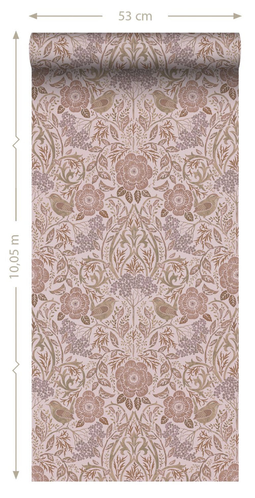 ESTAhome behang bloemen en vogels lila paars en terracotta roze - 53 cm x 10.05 m - 139830