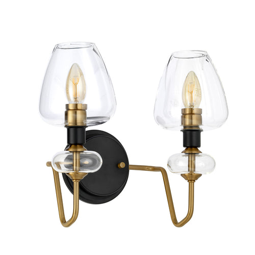 Armand 2-lichts wandlamp, verouderd messing, glazen kappen
