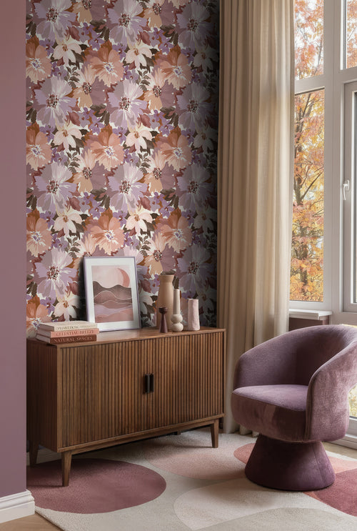 ESTAhome behang bloemen mauve paars en terracotta - 50 x 900 cm - 131266