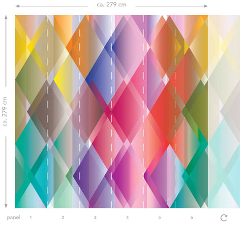 ESTAhome fotobehang verlopende grafische ruiten roze, rood, paars, groen en blauw - 300 x 279 cm - 158917 - vtwonen shop