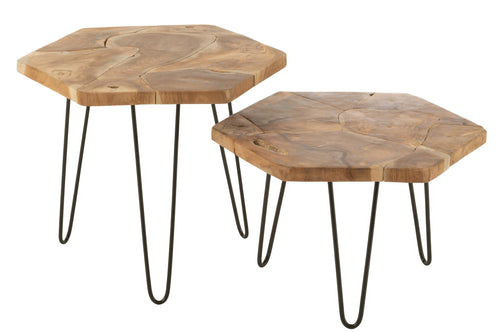 J-Line bijzettafel Hexagon - hout/metaal - naturel - set van 2