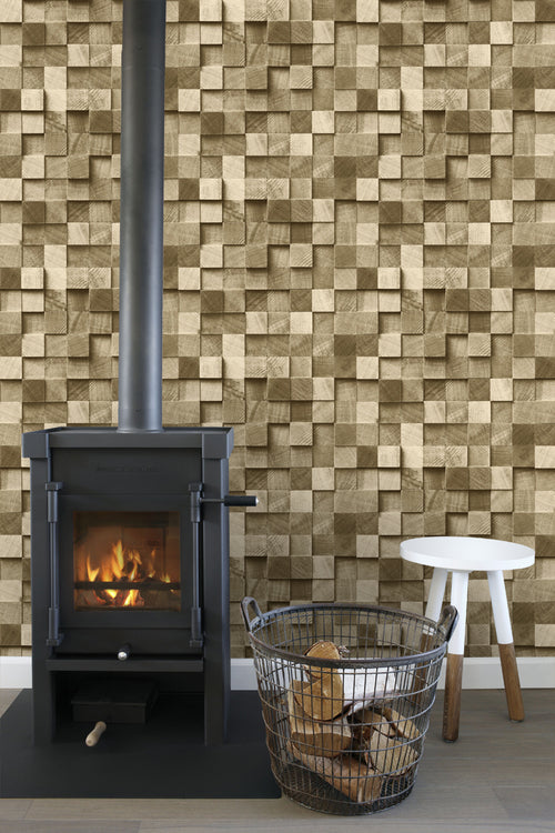 ESTAhome behang 3D-houtmotief donker beige - 53 cm x 10.05 m - 138529