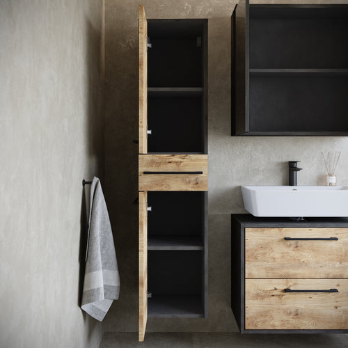 Badplaats Wastafelkast Set Florence 60 x 35 cm – Kastanje Eiken met Donker Grijs – Badmeubel met Spiegelkast en Kolomkast