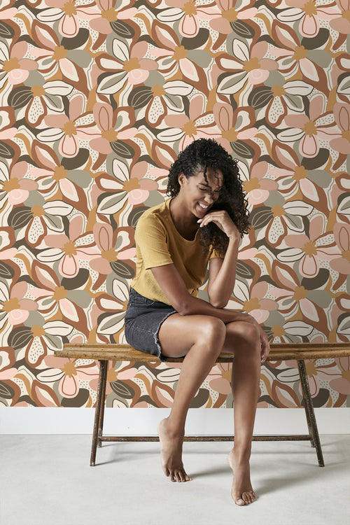 ESTAhome behang bloemmotief terracotta en zacht roze - 50 x 900 cm - 139629 - vtwonen shop