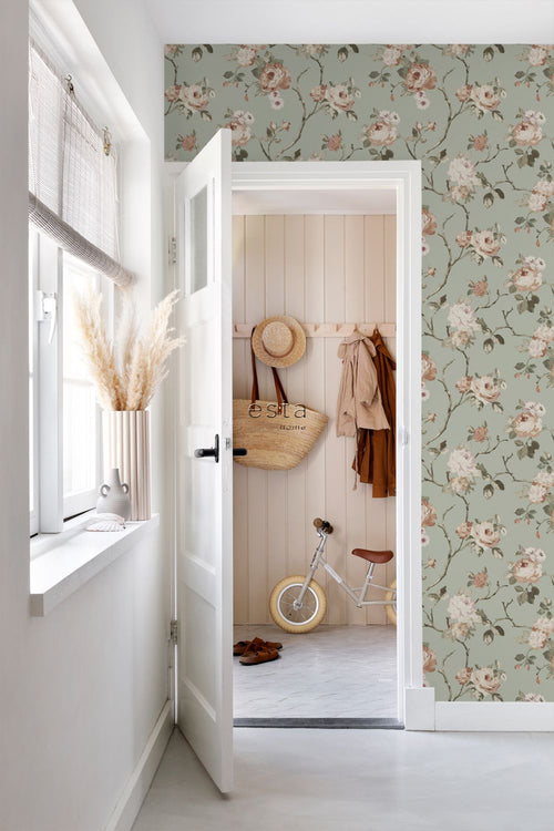 ESTAhome behang vintage bloemen vergrijsd mintgroen en zacht roze - 53 cm x 10.05 m - 139291