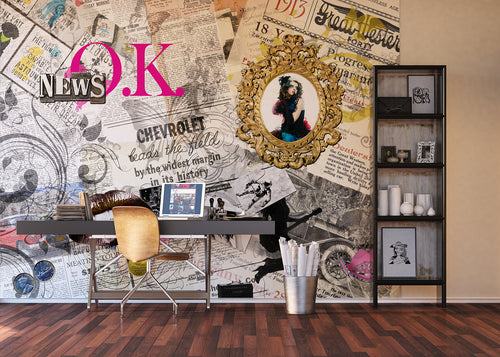 Sanders & Sanders fotobehang kranten grijs, beige en roze - 360 x 270 cm - 600449