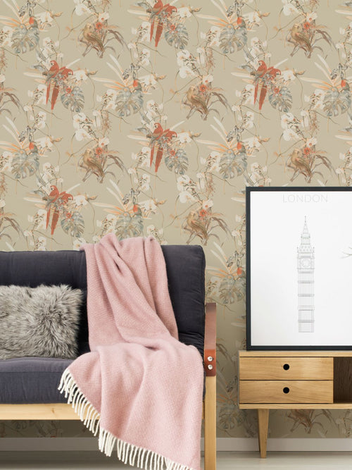 Livingwalls behang vogel oranje, beige en wit - 53 cm x 10.05 m - AS-387252
