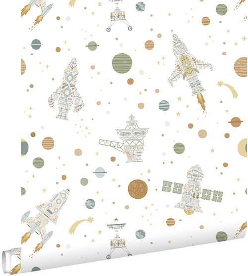 ESTAhome behang planeten in de ruimte wit, groen en bruin - 50 x 900 cm - 132069