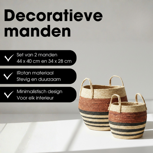 Mica Decorations Opbergmand met Handvatten - Set van 2 Opbergmanden - Woondecoratie en Opbergen - 34 x Ø28 cm en 44 x Ø40 cm - Bruin, Zwart