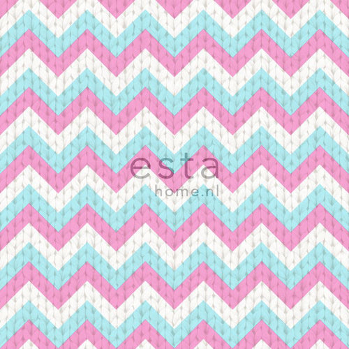ESTAhome behang zigzag motief turquoise en roze - 53 cm x 10.05 m - 138136
