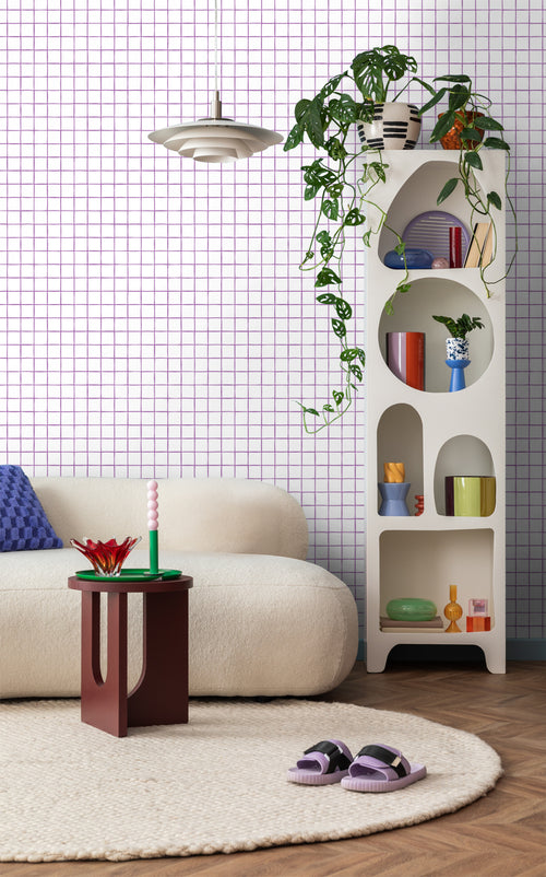 ESTAhome behang geblokt motief paars en wit - 50 x 900 cm - 131276 - vtwonen shop