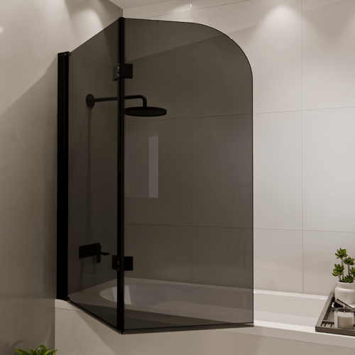 LOMAZOO badwand Caracas - 2 delig - draaibaar - anti kalk nano coating - rookglas - zwart - 120 x 140 cm