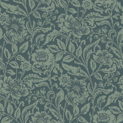 ESTAhome behang vintage bloemen donkerblauw en vergrijsd groen - 53 cm x 10.05 m - 139429